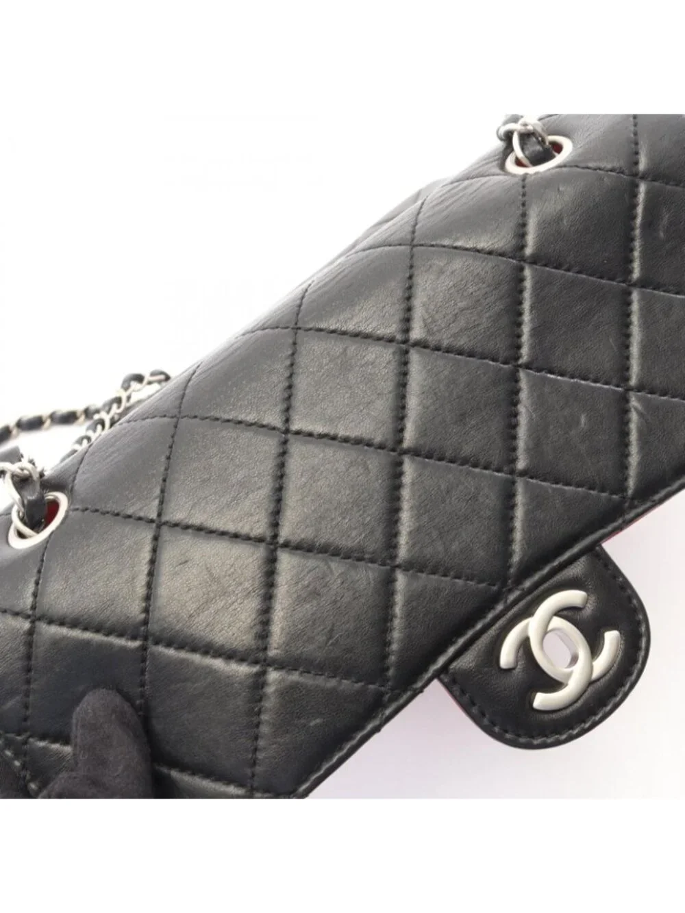 Chanel Shoulder Bag Quilted Single Flap Bicolor Black Red Lambskin Chain